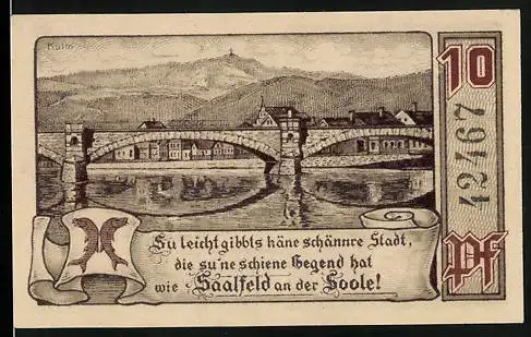 Notgeld Saalfeld a. Saale 1921, 10 Pfennig, Das Saaltor und die Flussbrücke