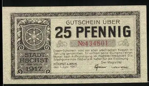 Notgeld Höchst am Main 1917, 25 Pfennig, Stadtwappen mit einem Rad