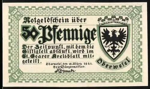 Notgeld Oberwesel 1921, 50 Pfennig, Ortsansicht mit Kirche und Turm am Fluss