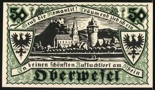 Notgeld Oberwesel 1921, 50 Pfennig, Ortsansicht mit Kirche und Turm am Fluss