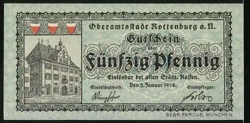 Notgeld Rottenburg a. N. 1921, 50 Pfennig, Partie am Rathaus