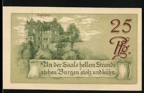 Notgeld Saalfeld a. Saale 1921, 25 Pfennig, Schloss Kitzerstein und Ruine Hoher Schwarm
