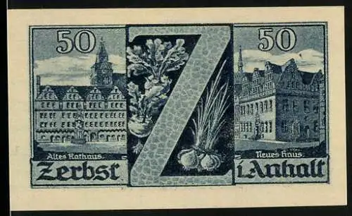 Notgeld Zerbst i. Anhalt 1921, 50 Pfennig, Altes Rathaus, Neues Haus, Wappen