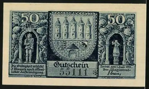 Notgeld Zerbst i. Anhalt 1921, 50 Pfennig, Altes Rathaus, Neues Haus, Wappen