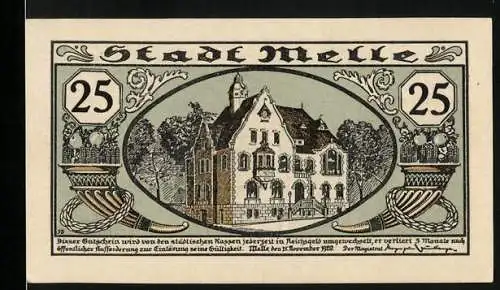 Notgeld Melle 1920, 25 Pfennig, Frau mit Kindern kauft Kartoffeln, Rathaus