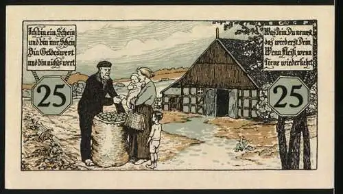 Notgeld Melle 1920, 25 Pfennig, Frau mit Kindern kauft Kartoffeln, Rathaus