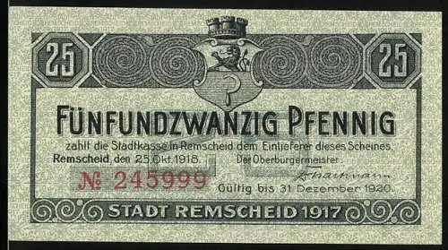 Notgeld Remscheid 1917, 25 Pfennig, Frau mit Kind vor Industriegebäude