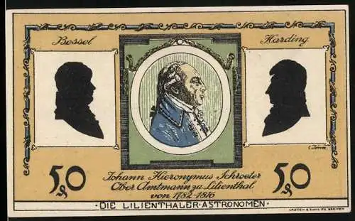 Notgeld Lilienthal 1921, 50 Pfennig, Mann beobachtet Sternschnuppe, J. H. Schroeter Portrait