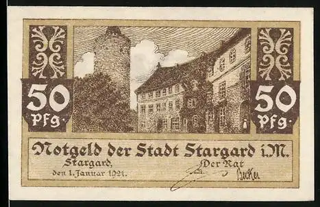 Notgeld Stargard i. M. 1921, 50 Pfennig, Ortspartie mit Turm, Wappen