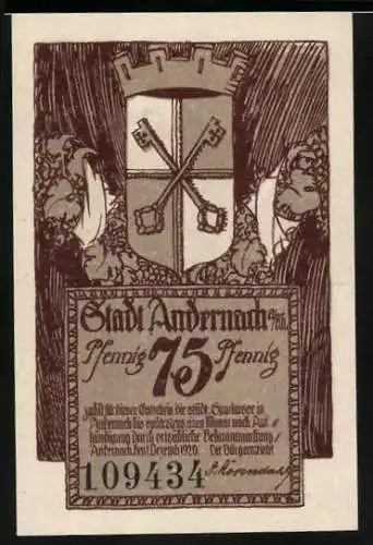 Notgeld Andernach a. Rh. 1920, 75 Pfennig, Blick auf einen Turm, Wappen