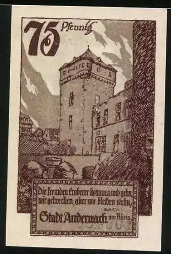 Notgeld Andernach a. Rh. 1920, 75 Pfennig, Blick auf einen Turm, Wappen