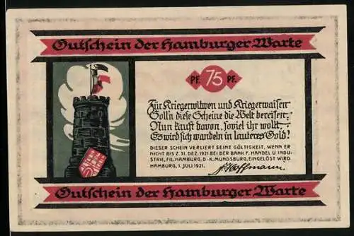 Notgeld Hamburg 1921, 75 Pfennig, Darstellung der Caritas, Hamburger Warte