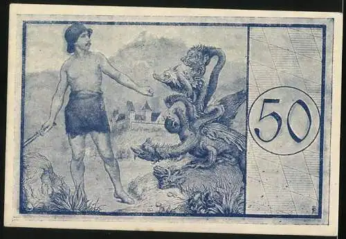 Notgeld Füssen 1918, 50 Pfennig, Siegel, Herkules bekämpft die Hydra