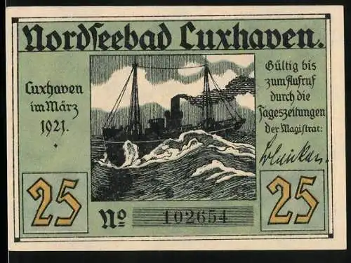 Notgeld Cuxhaven 1921, 25 Pfennig, Dampfer auf hoher See, Leuchtturm