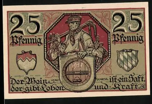 Notgeld Kitzingen 1921, 25 Pfennig, Bauer mit Erzeugnissen hält Wappen