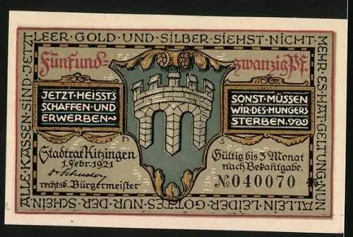 Notgeld Kitzingen 1921, 25 Pfennig, Bauer mit Erzeugnissen hält Wappen