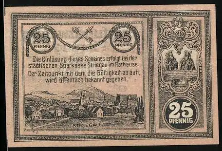 Notgeld Striegau 1919, 25 Pfennig, Ortsansicht mit Kirche, Rathaus