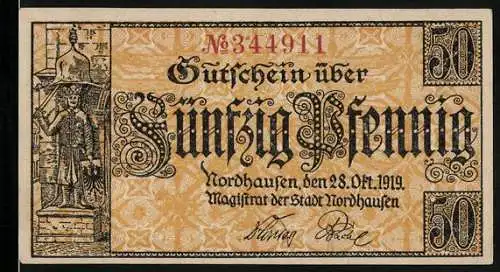 Notgeld Nordhausen 1919, 50 Pfennig, Statuette eines Königs