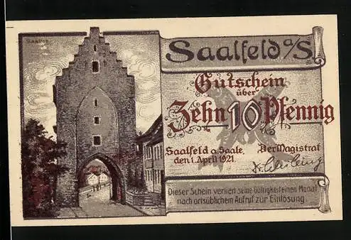 Notgeld Saalfeld a. S. 1921, 10 Pfennig, Saaltor und Flussbrücke mit Kulm