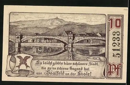 Notgeld Saalfeld a. S. 1921, 10 Pfennig, Saaltor und Flussbrücke mit Kulm