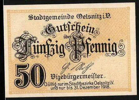 Notgeld Oelsnitz i. V. 1918, 50 Pfennig, Seriennummer 26825