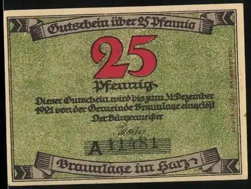 Notgeld Braunlage im Harz 1921, 25 Pfennig, Gesamtansicht im Grünen