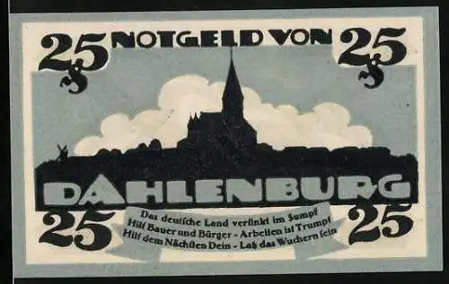 Notgeld Dahlenburg 1920, 25 Pfennig, Silhouette der Stadt