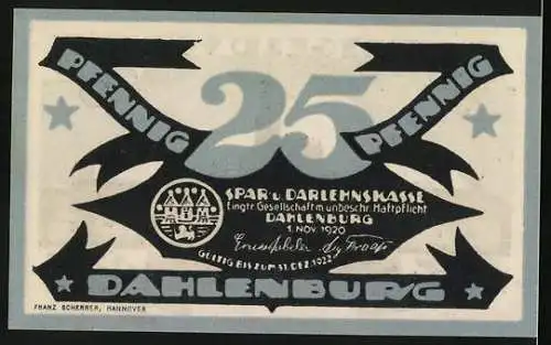 Notgeld Dahlenburg 1920, 25 Pfennig, Silhouette der Stadt