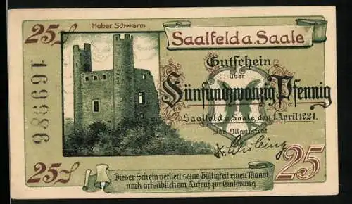 Notgeld Saalfeld a. Saale 1921, 25 Pfennig, Ruine Hoher Schwarm und das Schloss Kitzerstein