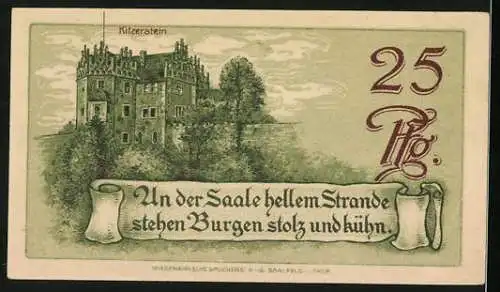 Notgeld Saalfeld a. Saale 1921, 25 Pfennig, Ruine Hoher Schwarm und das Schloss Kitzerstein