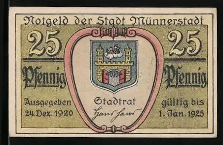Notgeld Münnerstadt 1920, 25 Pfennig, Wappen und der Dicke Turm