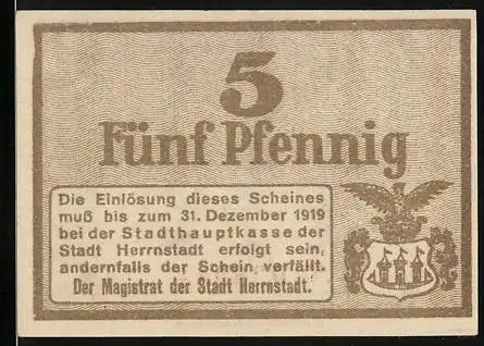Notgeld Herrnstadt 1919, 5 Pfennig, Wappen der Ortschaft
