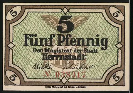 Notgeld Herrnstadt 1919, 5 Pfennig, Wappen der Ortschaft