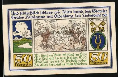 Notgeld Stotel 1921, 50 Pfennig, Des Stoteler Grafen Kunigund schliesst mit Oldenburg den Liebesbund 1501