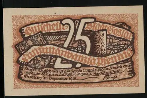 Notgeld Goslar 1920, 25 Pfennig, Wappen und Ortsansicht im Hintergrund