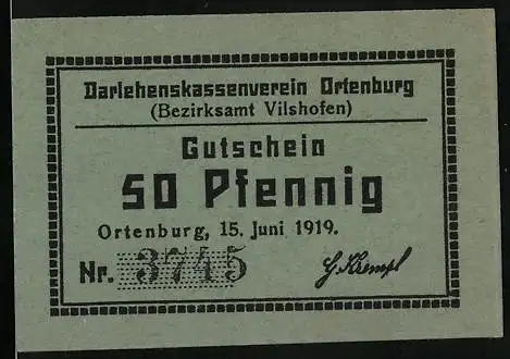 Notgeld Ortenburg 1919, 50 Pfennig, Seriennummer 3745