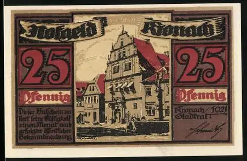 Notgeld Kronach 1921, 25 Pfennig, Rathaus und Wappen