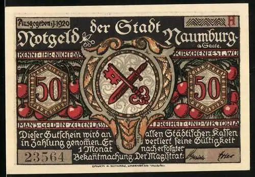Notgeld Naumburg a. Saale 1920, 50 Pfennig, Mann führt Mädchen zu Prokop hin