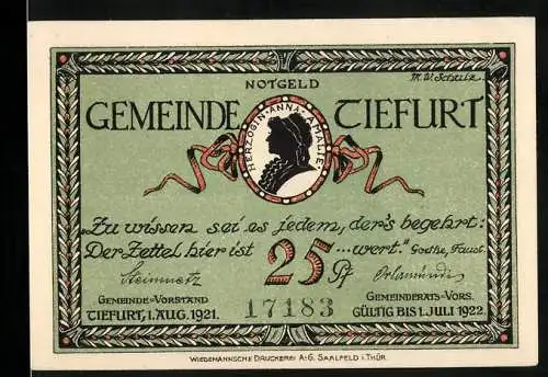 Notgeld Tiefurt 1921, 25 Pfennig, Silhouette von Herzogin Anna Amalie