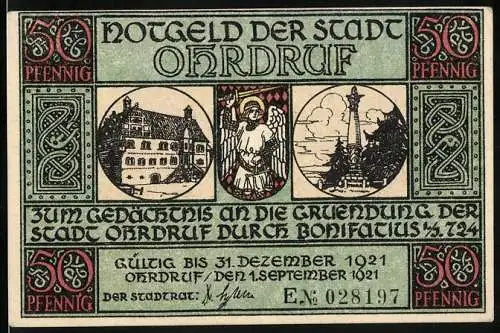 Notgeld Ohrdruf 1921, 50 Pfennig, Rathaus und Denkmal, Bau einer Kapelle an der Ohra