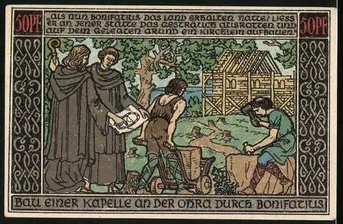Notgeld Ohrdruf 1921, 50 Pfennig, Rathaus und Denkmal, Bau einer Kapelle an der Ohra