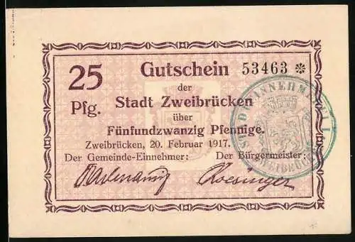 Notgeld Zweibrücken 1917, 25 Pfennig, Stadtwappen im Hintergrund