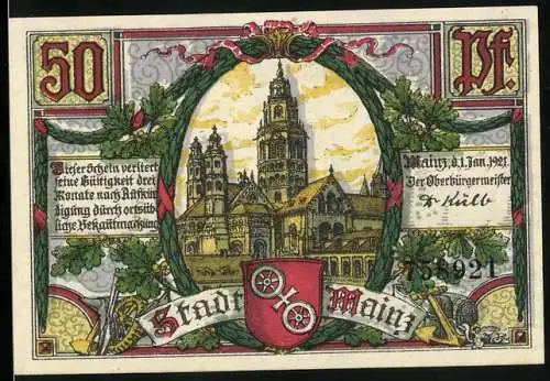 Notgeld Mainz 1921, 50 Pfennig, Blick auf den Dom, Marktbrunnen