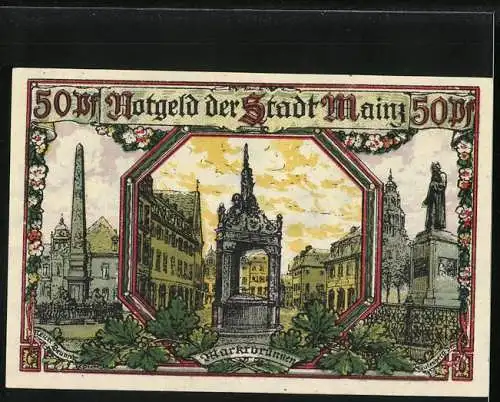 Notgeld Mainz 1921, 50 Pfennig, Blick auf den Dom, Marktbrunnen