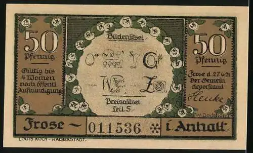 Notgeld Frose 1921, 50 Pfennig, Ackerland wo heut der Fraser See ist, Bilderrätsel Teil 5
