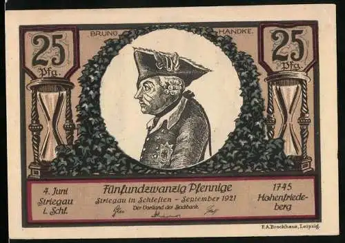 Notgeld Striegau in Schlesien 1921, 25 Pfennig, Kreuz auf dem Spitzberg, Friedrich der Grosse