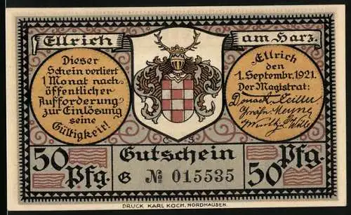 Notgeld Ellrich am Harz 1921, 50 Pfennig, Ortsansicht aus dem Jahre 1630