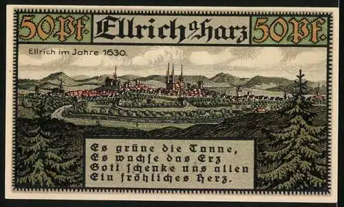 Notgeld Ellrich am Harz 1921, 50 Pfennig, Ortsansicht aus dem Jahre 1630