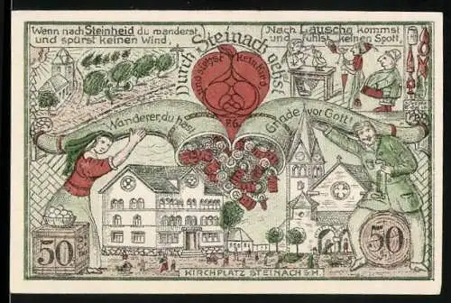 Notgeld Steinach, 50 Pfennig, Kirchplatz, Füllhörner mit Babys