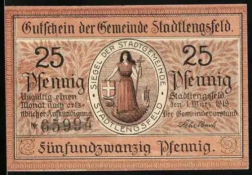 Notgeld Stadtlengsfeld 1919, 25 Pfennig, Stadtsiegel, Das Kriegsmal